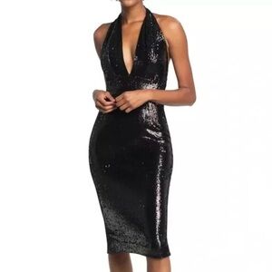 Dress the Population Vanessa Sequin Halter Plunge Neck Midi Dress